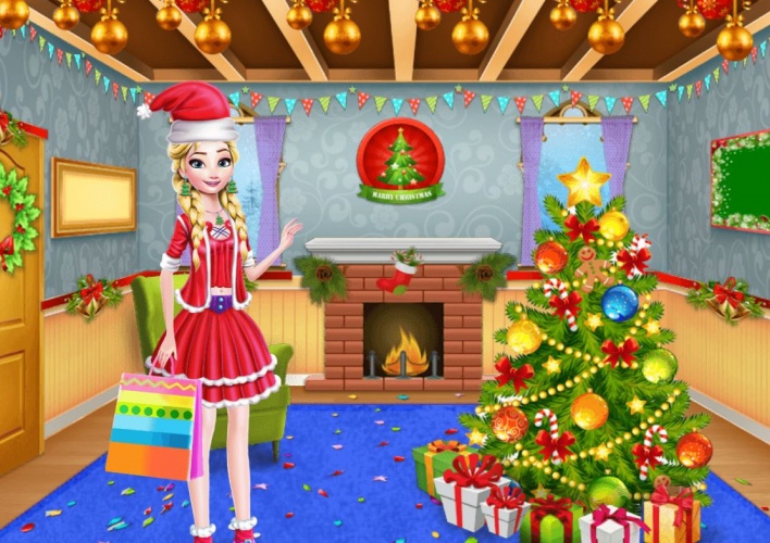Une fille dans son salon de Noël
